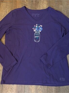 Life Is Good Purple Long Sleeve V‑Neck Tee with Mason Jar Floral